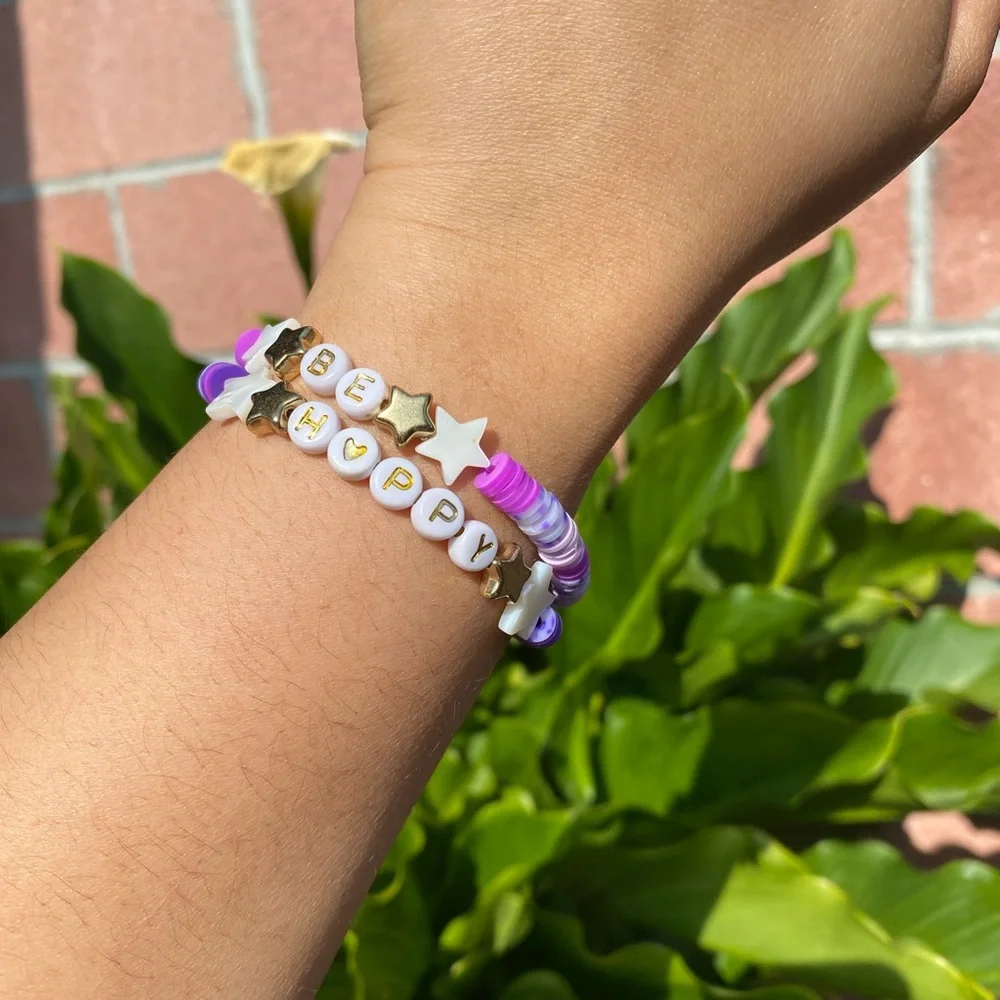 Hand Made -Purple Be Happy Beaded Bracelet with white/gold stars - Picture 1 of 7